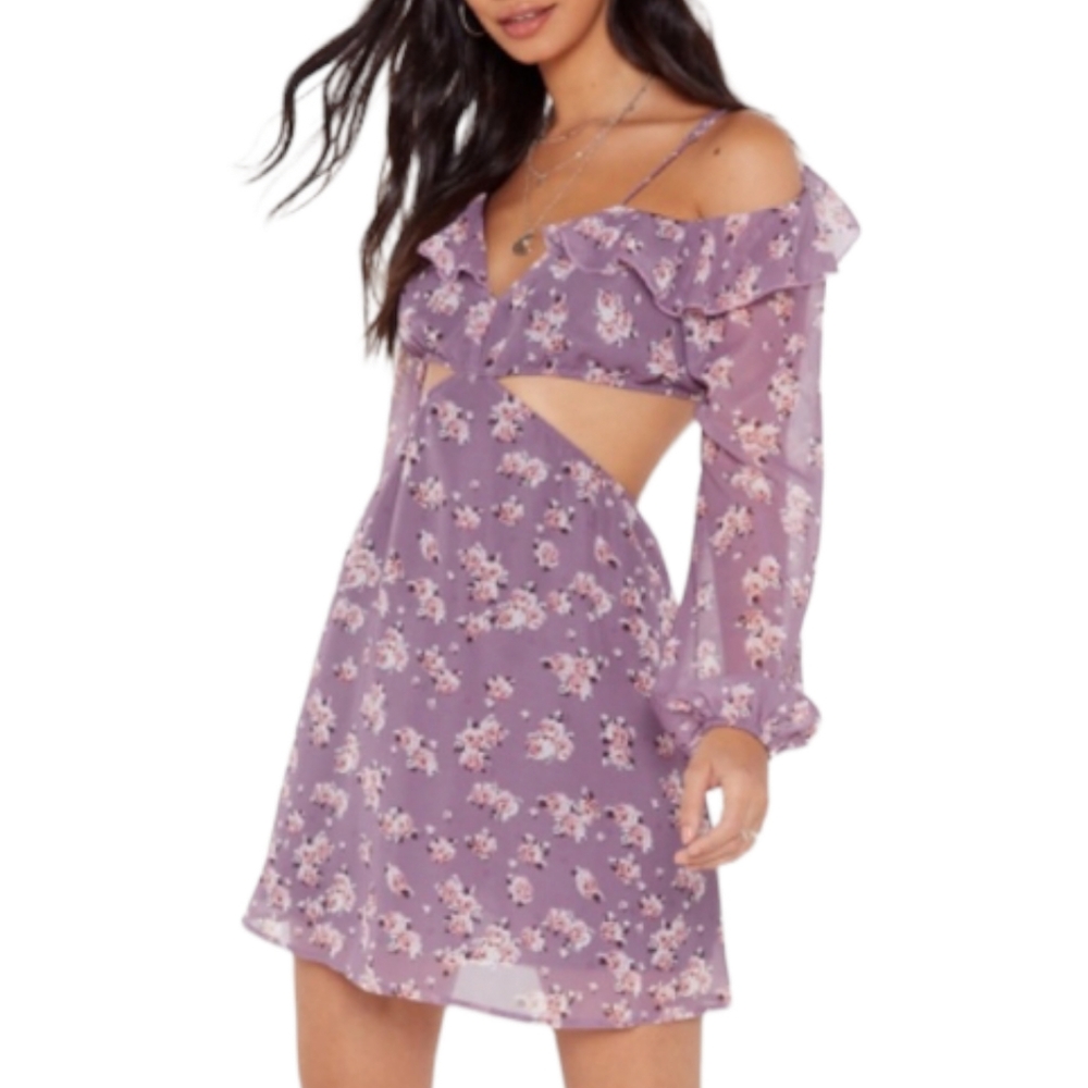 NASTY GAL Purple Floral Print Ruffle Detail Cold Shoulder Mini Dress 6 S NWT